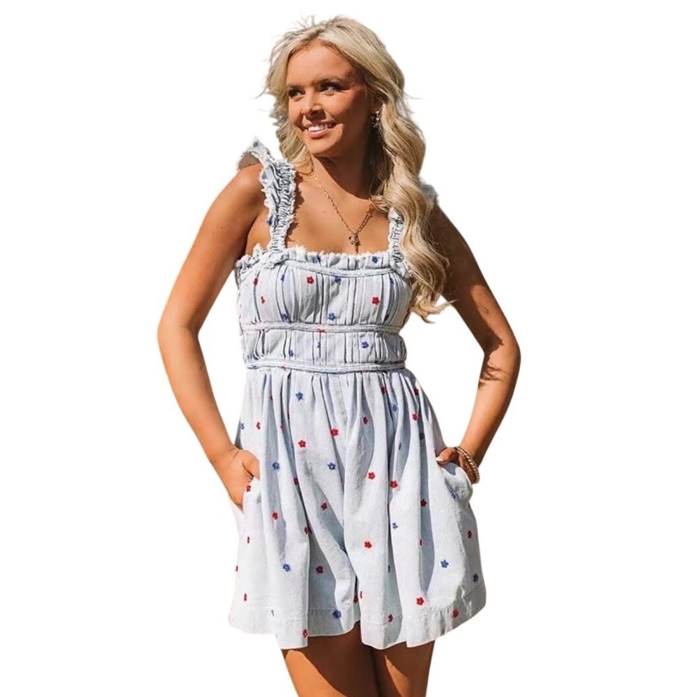 Peach Love California Light Wash Denim Star Embroidered Ruffle Romper L 4th July